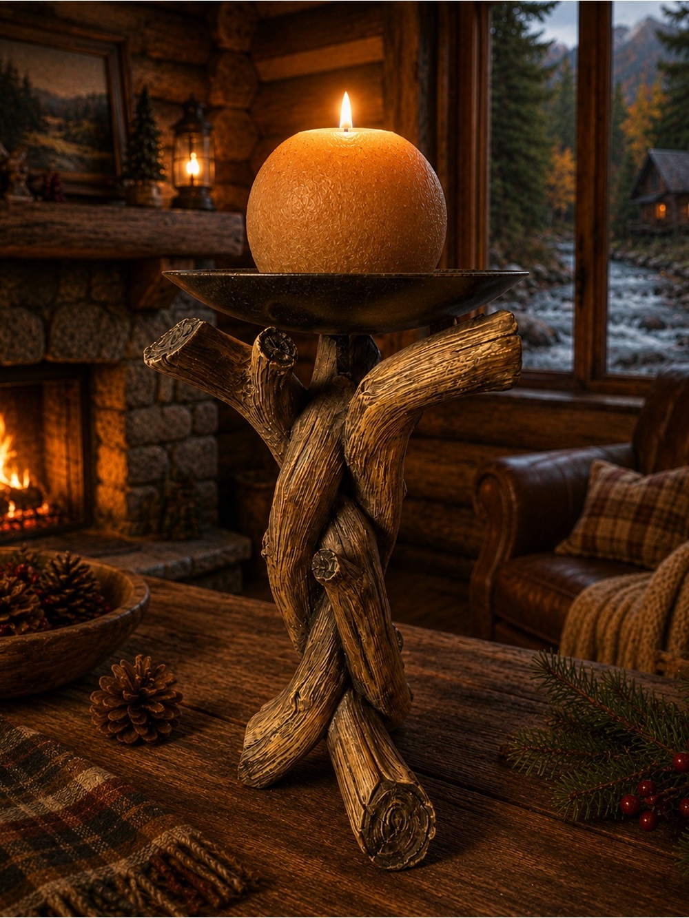 Rustic Twisted Wood Candle Holder Pedestal - Brown-resin